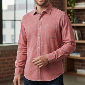 Bugatchi Red Heathered Cotton Long Sleeve Button Down Shirt Contrast Collar